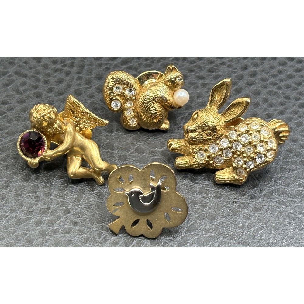 Vintage Lot Of 4 Rhinestone Lapel Pin Lot Cherub Squirrel Rabbit Bird Gold Tone